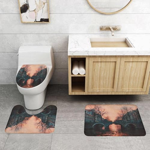 QRFASFZO 3 Stück Badematten und WC Vorleger Microfaser Weiches Badteppich badvorleger rutschfest Waschbar Badezimmerteppich Set,Wanderlust Collection, nachts in Amsterdam Niederlande Skandinavisch von QRFASFZO