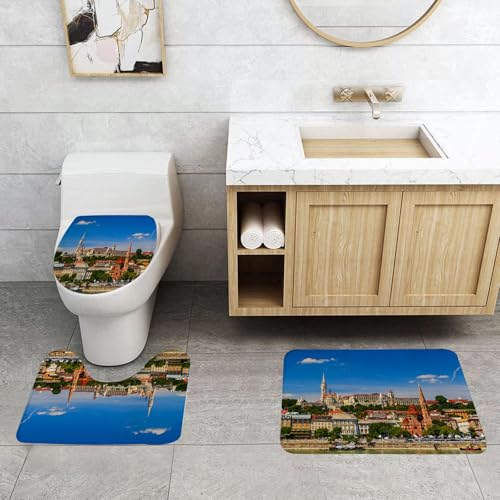 QRFASFZO 3 Stück Badematten und WC Vorleger Microfaser Weiches Badteppich badvorleger rutschfest Waschbar Badezimmerteppich Set,Wanderlust-Dekor, Budapest, Ungarn, Außenansicht, Europa, Kuppelarchit von QRFASFZO