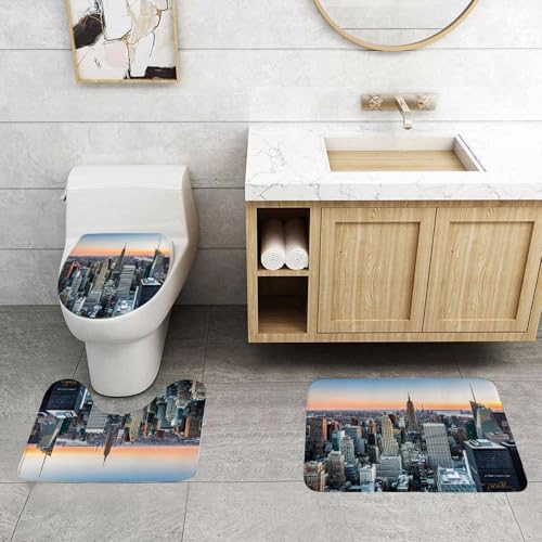 QRFASFZO 3 Stück Badematten und WC Vorleger Microfaser Weiches Badteppich badvorleger rutschfest Waschbar Badezimmerteppich Set,Wandkunst New York City Thema Bild Rose Quartz Manhattan Skyline Tramo von QRFASFZO