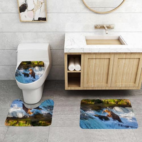 QRFASFZO 3 Stück Badematten und WC Vorleger Microfaser Weiches Badteppich badvorleger rutschfest Waschbar Badezimmerteppich Set,Wasserfall, Bild des großen Bären von einem Felsen in Alaska Wasserfal von QRFASFZO