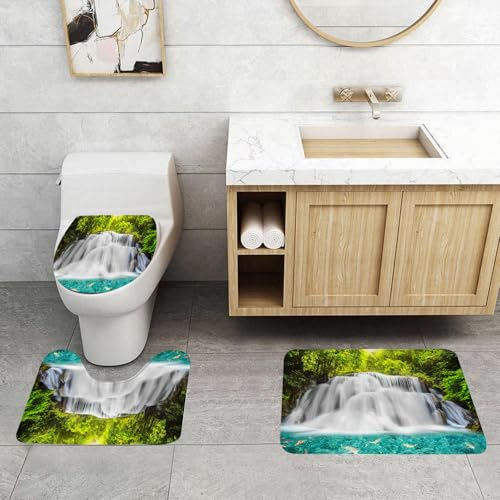 QRFASFZO 3 Stück Badematten und WC Vorleger Microfaser Weiches Badteppich badvorleger rutschfest Waschbar Badezimmerteppich Set,Wasserfall, Nebelwolken Rollen über Wasserfall und Bäume, klarer Teich von QRFASFZO