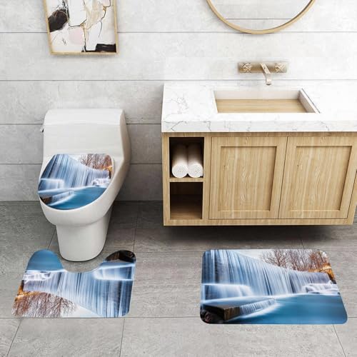 QRFASFZO 3 Stück Badematten und WC Vorleger Microfaser Weiches Badteppich badvorleger rutschfest Waschbar Badezimmerteppich Set,Wasserfallszene, majestätischer Wasserfall, seidiger Fluss, Hintergrun von QRFASFZO