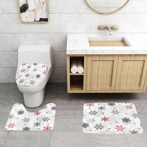 QRFASFZO 3 Stück Badematten und WC Vorleger Microfaser Weiches Badteppich badvorleger rutschfest Waschbar Badezimmerteppich Set,Weihnachten Nahtlose Muster aus großen und kleinen Schneeflocken rot u von QRFASFZO