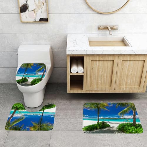 QRFASFZO 3 Stück Badematten und WC Vorleger Microfaser Weiches Badteppich badvorleger rutschfest Waschbar Badezimmerteppich Set,Weihnachtsdekorationen, Hängematte Palmen tropischen Strand von QRFASFZO