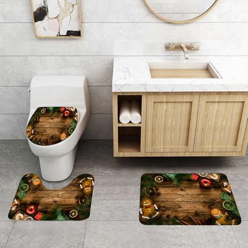 QRFASFZO 3 Stück Badematten und WC Vorleger Microfaser Weiches Badteppich badvorleger rutschfest Waschbar Badezimmerteppich Set,Weihnachtshintergrund, Kiefer auf Holzbrett, Lebkuchenmann-Kekse, Gewü QRFASFZO 3 Stück Badematten und WC Vorleger Microfaser Weiches Badteppich badvorleger rutschfest Waschbar Badezimmerteppich Set,Weihnachtshintergrund, Kiefer auf Holzbrett, Lebkuchenmann-Kekse, Gewü von QRFASFZO