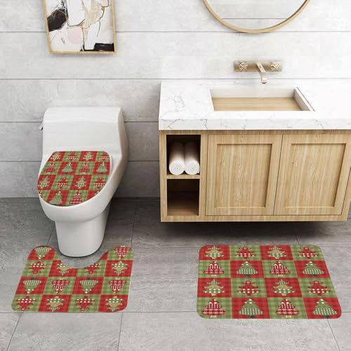 QRFASFZO 3 Stück Badematten und WC Vorleger Microfaser Weiches Badteppich badvorleger rutschfest Waschbar Badezimmerteppich Set,Weihnachtsmotiv, rot und grün Karierte Leinwand, Sich wiederholendes D von QRFASFZO