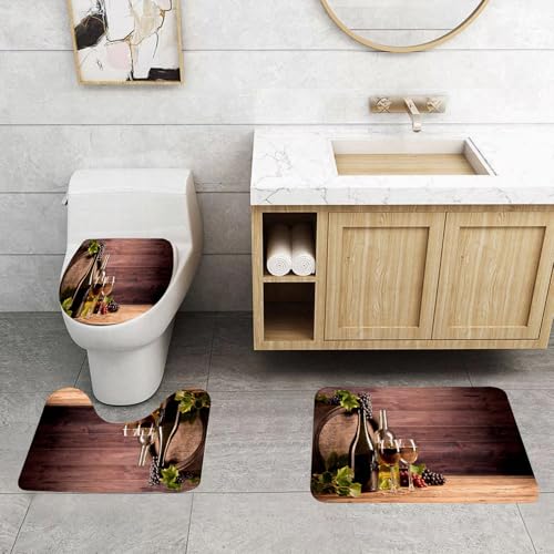 QRFASFZO 3 Stück Badematten und WC Vorleger Microfaser Weiches Badteppich badvorleger rutschfest Waschbar Badezimmerteppich Set,Weinflaschen, Gläser und Trauben, Wet mit Fässern und Holzhintergrund, QRFASFZO 3 Stück Badematten und WC Vorleger Microfaser Weiches Badteppich badvorleger rutschfest Waschbar Badezimmerteppich Set,Weinflaschen, Gläser und Trauben, Wet mit Fässern und Holzhintergrund, von QRFASFZO