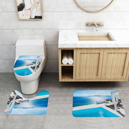 QRFASFZO 3 Stück Badematten und WC Vorleger Microfaser Weiches Badteppich badvorleger rutschfest Waschbar Badezimmerteppich Set,Weiße Gebäude im Heiligen Land Griechenland. Dekoration des Luxus-Swim von QRFASFZO
