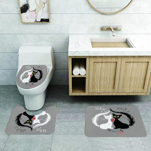 QRFASFZO 3 Stück Badematten und WC Vorleger Microfaser Weiches Badteppich badvorleger rutschfest Waschbar Badezimmerteppich Set,Weiße Katze, Schwarze Katze. Liebe. Katzenpaar hat leckeren Fisch Gege von QRFASFZO