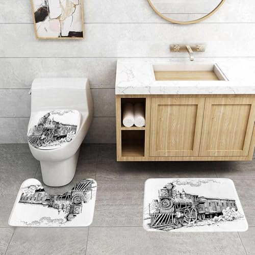 QRFASFZO 3 Stück Badematten und WC Vorleger Microfaser Weiches Badteppich badvorleger rutschfest Waschbar Badezimmerteppich Set,Weiße Linienzeichnung eines Dampfzuges, inspirierende Illustration EIN von QRFASFZO