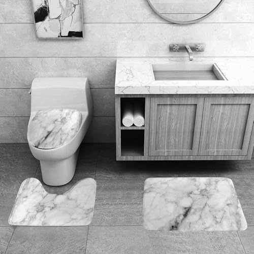 QRFASFZO 3 Stück Badematten und WC Vorleger Microfaser Weiches Badteppich badvorleger rutschfest Waschbar Badezimmerteppich Set,Weißgraue Marmorstruktur (Muster für Tapetenhintergrund oder Hintergru von QRFASFZO