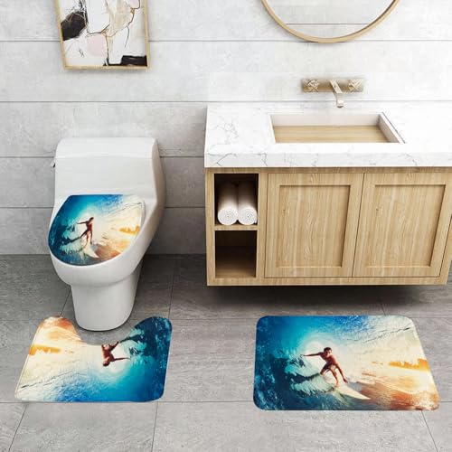 QRFASFZO 3 Stück Badematten und WC Vorleger Microfaser Weiches Badteppich badvorleger rutschfest Waschbar Badezimmerteppich Set,Welle, Barreled Blue Wave mit einem Jungen Surfer Extremsport Spaß Akt von QRFASFZO