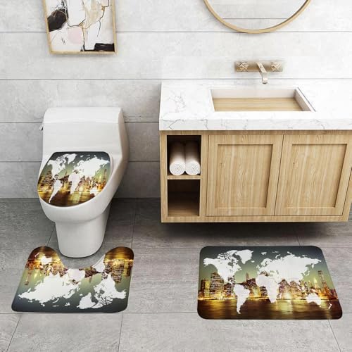 QRFASFZO 3 Stück Badematten und WC Vorleger Microfaser Weiches Badteppich badvorleger rutschfest Waschbar Badezimmerteppich Set,Welt, Welt Globale Kartographie Globalisierung Erde Internationales Ko von QRFASFZO