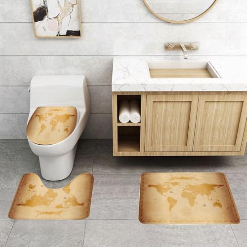 QRFASFZO 3 Stück Badematten und WC Vorleger Microfaser Weiches Badteppich badvorleger rutschfest Waschbar Badezimmerteppich Set,Weltkarte, rustikale antike Vintage Explorer Kompass Routen Figur von QRFASFZO