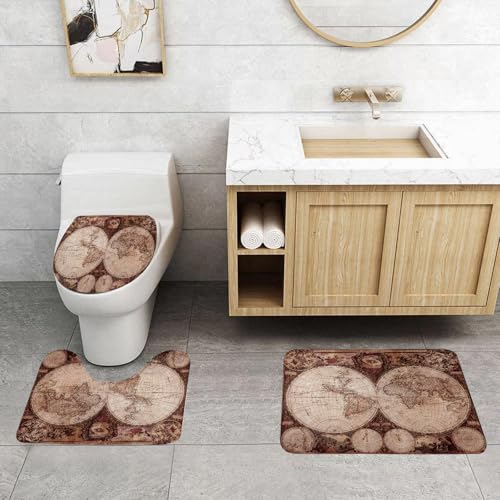 QRFASFZO 3 Stück Badematten und WC Vorleger Microfaser Weiches Badteppich badvorleger rutschfest Waschbar Badezimmerteppich Set,Weltkarte Vintage Wanderlust von, Bild Einer Alten Karte im nostalgisc von QRFASFZO