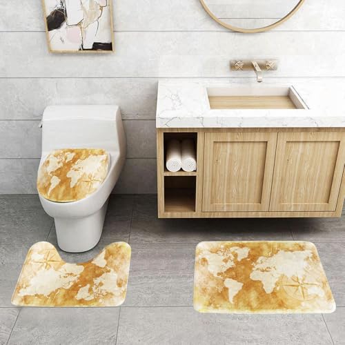 QRFASFZO 3 Stück Badematten und WC Vorleger Microfaser Weiches Badteppich badvorleger rutschfest Waschbar Badezimmerteppich Set,Weltkarte im Retro-Stil mit verwitterter Leinwand und Kompass auf gelb von QRFASFZO