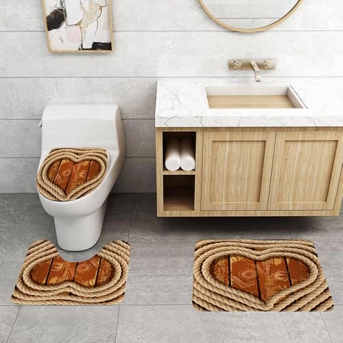 QRFASFZO 3 Stück Badematten und WC Vorleger Microfaser Weiches Badteppich badvorleger rutschfest Waschbar Badezimmerteppich Set,Western, Herzfigur mit aufgerolltem Seil auf Holzbalken Liebesaufschri von QRFASFZO
