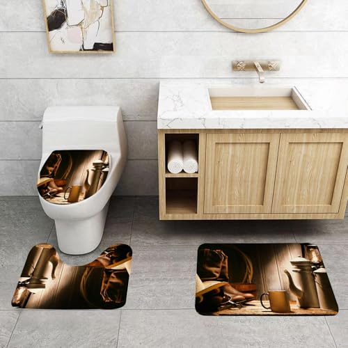 QRFASFZO 3 Stück Badematten und WC Vorleger Microfaser Weiches Badteppich badvorleger rutschfest Waschbar Badezimmerteppich Set,Western, Rodeo Cowboy Authentisches Arbeitswerkzeug Authentischer Cowb von QRFASFZO