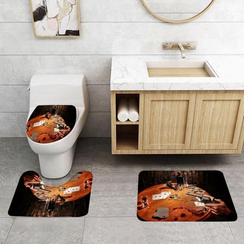 QRFASFZO 3 Stück Badematten und WC Vorleger Microfaser Weiches Badteppich badvorleger rutschfest Waschbar Badezimmerteppich Set,Western, Spieler mit Revolver, Pistole, Pokerkarten, Tisch, Getränke, von QRFASFZO