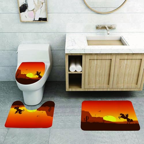 QRFASFZO 3 Stück Badematten und WC Vorleger Microfaser Weiches Badteppich badvorleger rutschfest Waschbar Badezimmerteppich Set,Western, amerikanischer Wilder Westen, Wüste mit Cowboy auf Pferd, Son von QRFASFZO