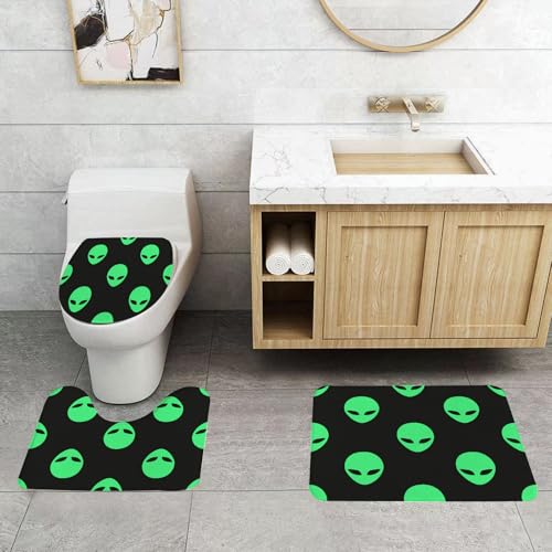 QRFASFZO 3 Stück Badematten und WC Vorleger Microfaser Weiches Badteppich badvorleger rutschfest Waschbar Badezimmerteppich Set,Wiederholte grüne Alienköpfe auf Einer dunklen Leinwand von QRFASFZO
