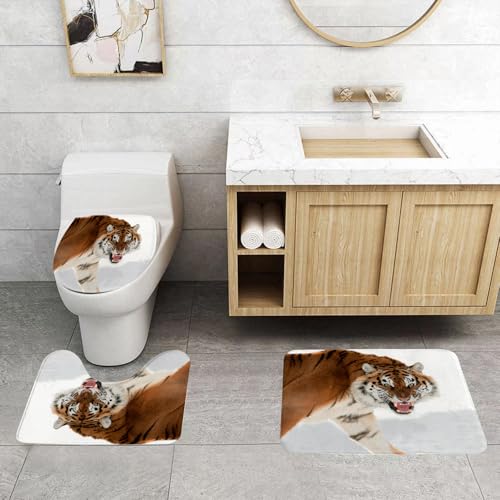 QRFASFZO 3 Stück Badematten und WC Vorleger Microfaser Weiches Badteppich badvorleger rutschfest Waschbar Badezimmerteppich Set,Wilder Tiger im Schnee, Winterraubtiertiger brüllt im Schnee, aggressi QRFASFZO 3 Stück Badematten und WC Vorleger Microfaser Weiches Badteppich badvorleger rutschfest Waschbar Badezimmerteppich Set,Wilder Tiger im Schnee, Winterraubtiertiger brüllt im Schnee, aggressi von QRFASFZO