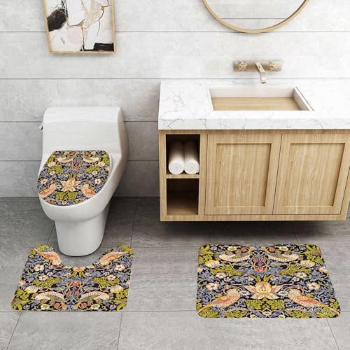 QRFASFZO 3 Stück Badematten und WC Vorleger Microfaser Weiches Badteppich badvorleger rutschfest Waschbar Badezimmerteppich Set,William Morris‘ berühmtes Muster „Erdbeerdieb“ (1883). von QRFASFZO