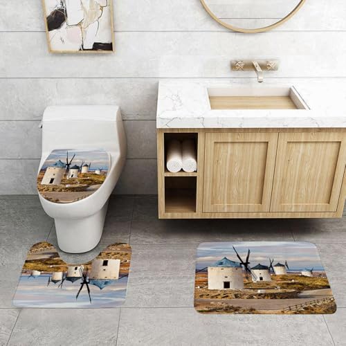 QRFASFZO 3 Stück Badematten und WC Vorleger Microfaser Weiches Badteppich badvorleger rutschfest Waschbar Badezimmerteppich Set,Windmühlendekoration, mittelalterliche Windmühlen in Spanien in Consue von QRFASFZO
