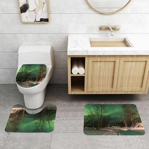 QRFASFZO 3 Stück Badematten und WC Vorleger Microfaser Weiches Badteppich badvorleger rutschfest Waschbar Badezimmerteppich Set,Winternachtansicht, verschneite Landschaft, blattlose Bäume und leucht von QRFASFZO
