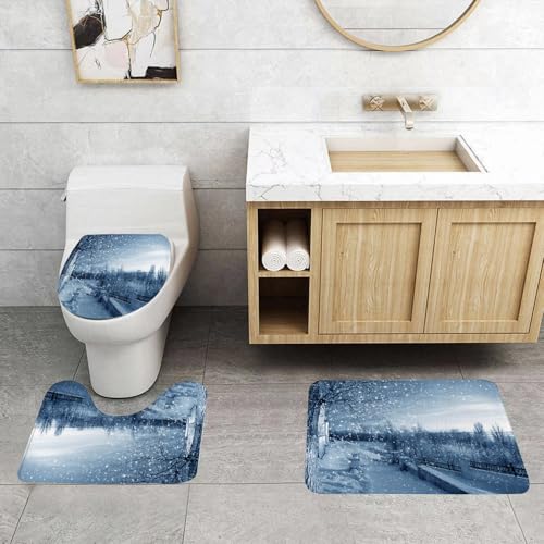QRFASFZO 3 Stück Badematten und WC Vorleger Microfaser Weiches Badteppich badvorleger rutschfest Waschbar Badezimmerteppich Set,Winterschneeszene, eine kalte Szene mit fallenden Schneeflocken, Schne von QRFASFZO