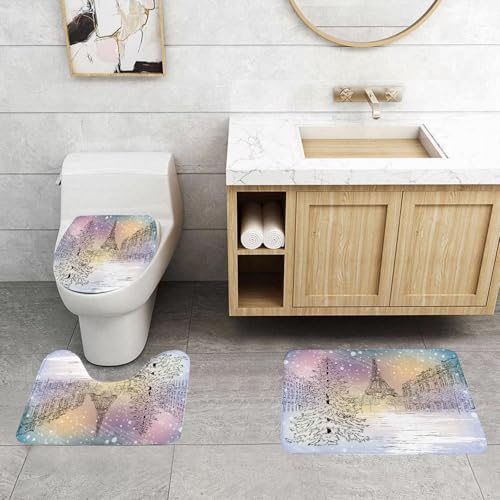 QRFASFZO 3 Stück Badematten und WC Vorleger Microfaser Weiches Badteppich badvorleger rutschfest Waschbar Badezimmerteppich Set,Winterstimmung, Bild stürmischer Wintertag in den Straßen von Paris von QRFASFZO