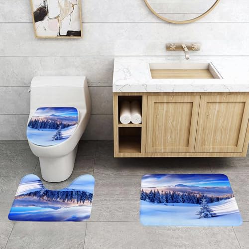 QRFASFZO 3 Stück Badematten und WC Vorleger Microfaser Weiches Badteppich badvorleger rutschfest Waschbar Badezimmerteppich Set,Winterzwiebeln, surreale Winterlandschaft mit hohen Berggipfeln und Sc von QRFASFZO