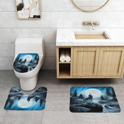 QRFASFZO 3 Stück Badematten und WC Vorleger Microfaser Weiches Badteppich badvorleger rutschfest Waschbar Badezimmerteppich Set,Wölfe reagieren auf das Mondlicht in Einer frostigen, kiefernreichen L von QRFASFZO