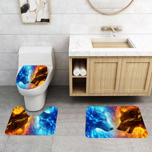 QRFASFZO 3 Stück Badematten und WC Vorleger Microfaser Weiches Badteppich badvorleger rutschfest Waschbar Badezimmerteppich Set,Wolf-Zeichen-Illustration Pop-Art-Hintergrundsymbol mit Farbflecken von QRFASFZO