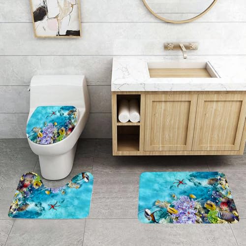 QRFASFZO 3 Stück Badematten und WC Vorleger Microfaser Weiches Badteppich badvorleger rutschfest Waschbar Badezimmerteppich Set,Wunderbare und wunderschöne Unterwasserwelt mit Korallen und Tropische von QRFASFZO