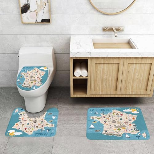 QRFASFZO 3 Stück Badematten und WC Vorleger Microfaser Weiches Badteppich badvorleger rutschfest Waschbar Badezimmerteppich Set,Wunderliche Bilder der Stadt Los Angeles in Frankreich，Farbenfrohe kar von QRFASFZO