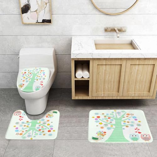 QRFASFZO 3 Stück Badematten und WC Vorleger Microfaser Weiches Badteppich badvorleger rutschfest Waschbar Badezimmerteppich Set,Wunderliche Florale Baumszene mit Blumen, süßer Eule und einem süßen V von QRFASFZO