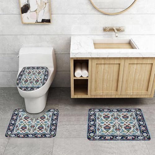 QRFASFZO 3 Stück Badematten und WC Vorleger Microfaser Weiches Badteppich badvorleger rutschfest Waschbar Badezimmerteppich Set,Wunderschönes nahtloses Muster aus Kacheln und Bordüren. Marokkanische von QRFASFZO