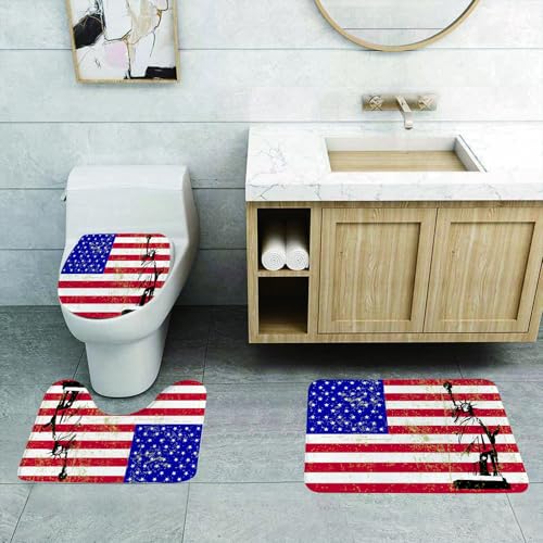 QRFASFZO 3 Stück Badematten und WC Vorleger Microfaser Weiches Badteppich badvorleger rutschfest Waschbar Badezimmerteppich Set,York City Flagge Americana, Freiheitsstatue USA Flagge von QRFASFZO