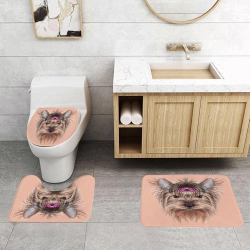 QRFASFZO 3 Stück Badematten und WC Vorleger Microfaser Weiches Badteppich badvorleger rutschfest Waschbar Badezimmerteppich Set,Yorkie, realistisches Bild gezeichnet von Yorkshire Terrier mit süßer von QRFASFZO