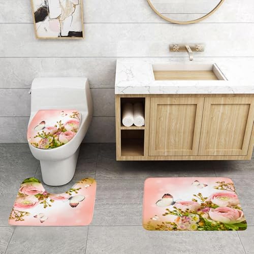 QRFASFZO 3 Stück Badematten und WC Vorleger Microfaser Weiches Badteppich badvorleger rutschfest Waschbar Badezimmerteppich Set,Zarter Strauß aus rosa Rosen und Schmetterling QRFASFZO 3 Stück Badematten und WC Vorleger Microfaser Weiches Badteppich badvorleger rutschfest Waschbar Badezimmerteppich Set,Zarter Strauß aus rosa Rosen und Schmetterling von QRFASFZO