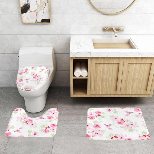 QRFASFZO 3 Stück Badematten und WC Vorleger Microfaser Weiches Badteppich badvorleger rutschfest Waschbar Badezimmerteppich Set,Zartes rosa Blumenmuster mit Kolibris QRFASFZO 3 Stück Badematten und WC Vorleger Microfaser Weiches Badteppich badvorleger rutschfest Waschbar Badezimmerteppich Set,Zartes rosa Blumenmuster mit Kolibris von QRFASFZO