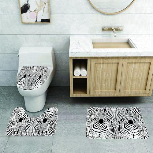 QRFASFZO 3 Stück Badematten und WC Vorleger Microfaser Weiches Badteppich badvorleger rutschfest Waschbar Badezimmerteppich Set,Zebra-Print, Illustration Muster Zebras Skins Hintergrund über Zebra K von QRFASFZO