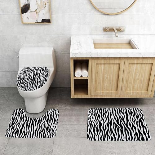 QRFASFZO 3 Stück Badematten und WC Vorleger Microfaser Weiches Badteppich badvorleger rutschfest Waschbar Badezimmerteppich Set,Zebrafell-Musterdesign. Illustration des Designs mit Wildtierfellen. von QRFASFZO