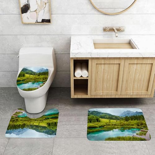 QRFASFZO 3 Stück Badematten und WC Vorleger Microfaser Weiches Badteppich badvorleger rutschfest Waschbar Badezimmerteppich Set,Zelenci-Teich im Triglav-Nationalpark Slowenien von QRFASFZO