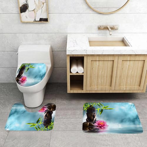 QRFASFZO 3 Stück Badematten und WC Vorleger Microfaser Weiches Badteppich badvorleger rutschfest Waschbar Badezimmerteppich Set,Zen-Dekor, Zen-Seerosen-Blumen, Spa-Dekor, Natur, Feng Shui Nat von QRFASFZO