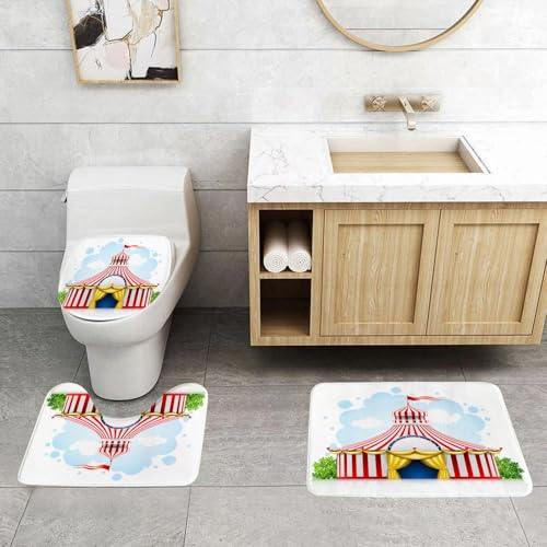 QRFASFZO 3 Stück Badematten und WC Vorleger Microfaser Weiches Badteppich badvorleger rutschfest Waschbar Badezimmerteppich Set,Zirkuszelt, buntes Zirkuszelt mit Goldener Dekoration, Zirkuszelt-Illu von QRFASFZO