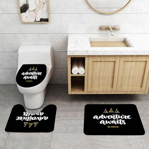 QRFASFZO 3 Stück Badematten und WC Vorleger Microfaser Weiches Badteppich badvorleger rutschfest Waschbar Badezimmerteppich Set,Zitat „Adventure Awaits“, Moderne Kalligrafie mit Doodle-Zelten und Ei von QRFASFZO