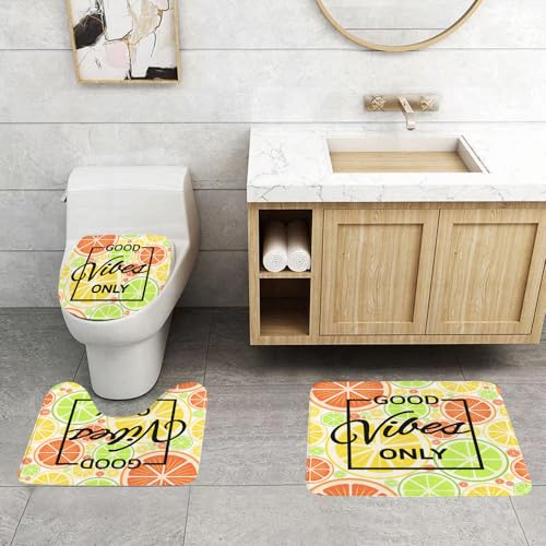 QRFASFZO 3 Stück Badematten und WC Vorleger Microfaser Weiches Badteppich badvorleger rutschfest Waschbar Badezimmerteppich Set,Zitat Bunte Gruß Schwarz Gute Stimmung Orange Kindlich Zitrus Muster D von QRFASFZO