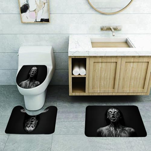 QRFASFZO 3 Stück Badematten und WC Vorleger Microfaser Weiches Badteppich badvorleger rutschfest Waschbar Badezimmerteppich Set,Zombie, ungewöhnlicher Schrei, Monsterfrau, Leere Augen, die nach Oben von QRFASFZO